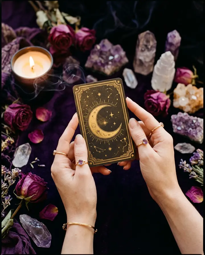 Mains tenant une carte de tarot dorée à la lune, entourée de cristaux d'améthyste, de roses et d'une bougie allumée